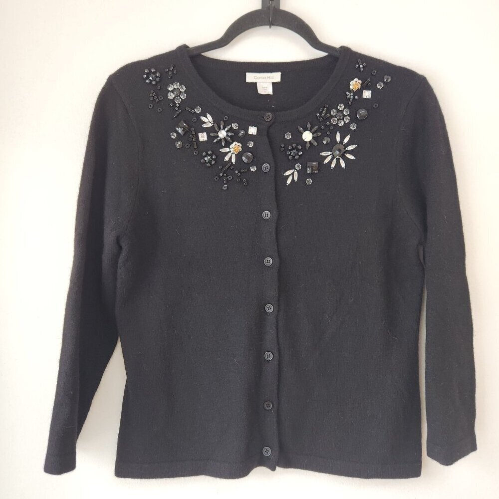 Garnet Hill Lambs Wool Angora Black Button Down Cardigan Sweater Beaded S